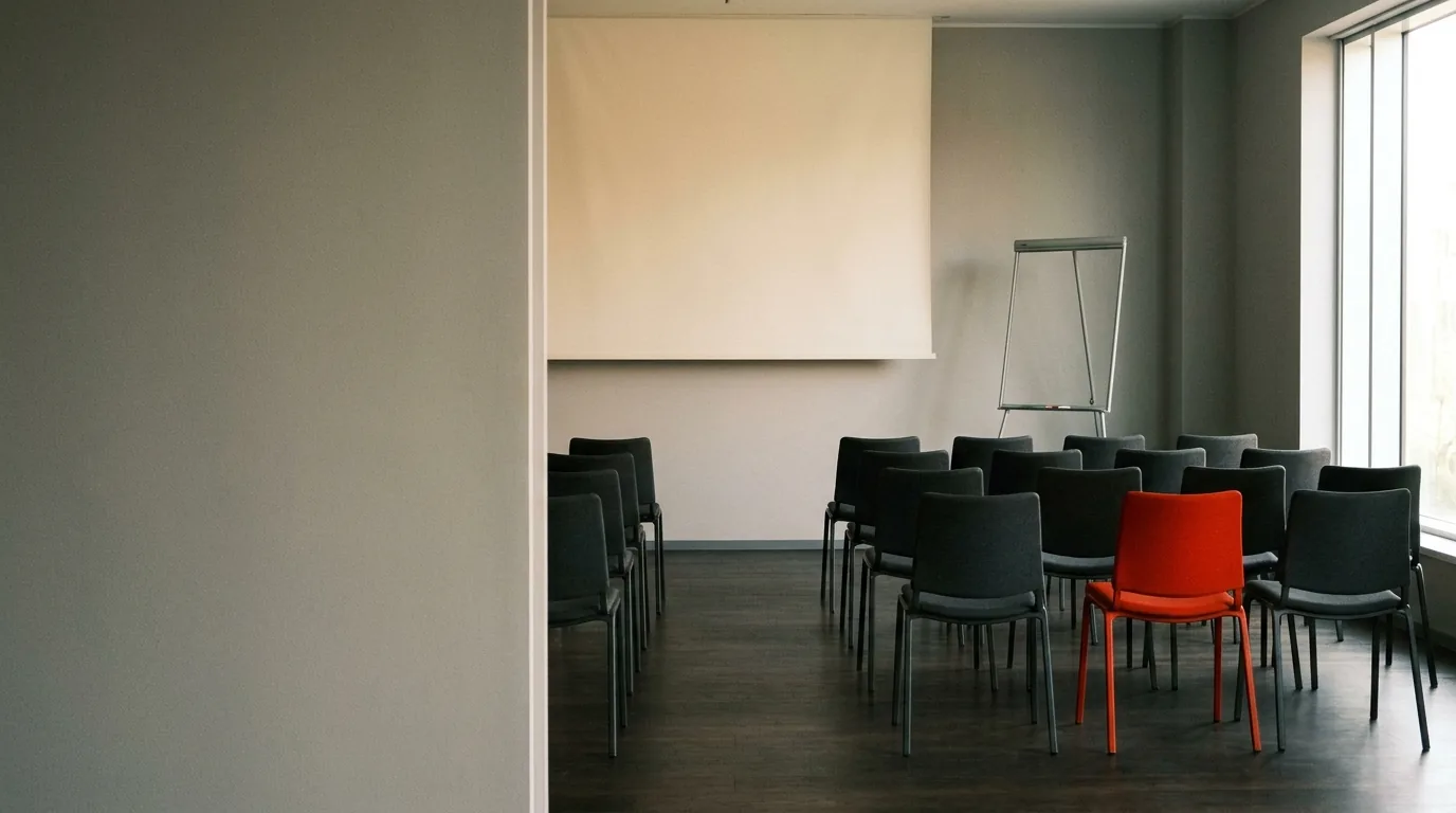 Un'aula vuota con una sola sedia rossa